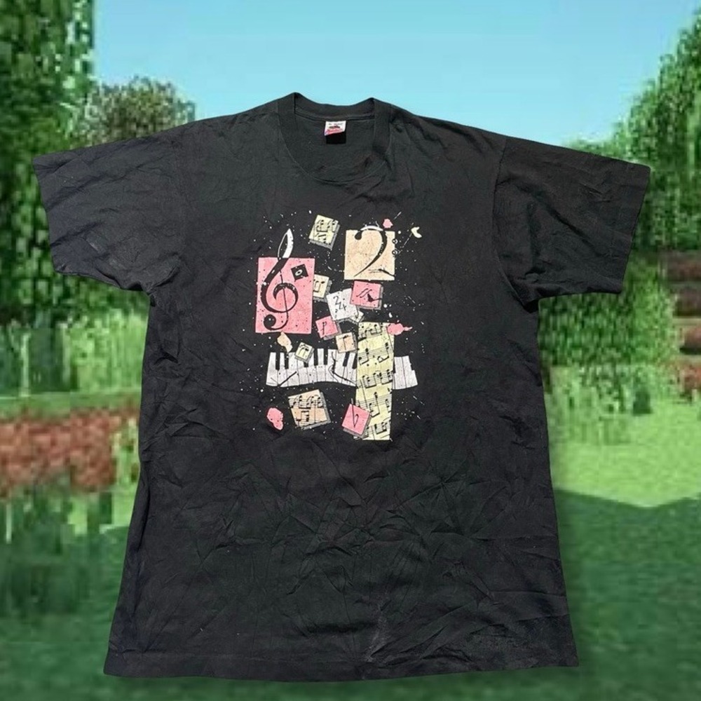 Mens Fruit of the Loom Black Music Notes‎ Graphic Print T-Shirt XL